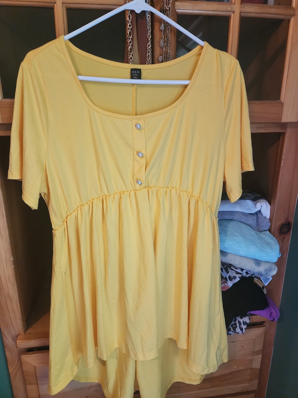 SHEIN Yellow Scoop Neck Babydoll Tunic with Button Detail